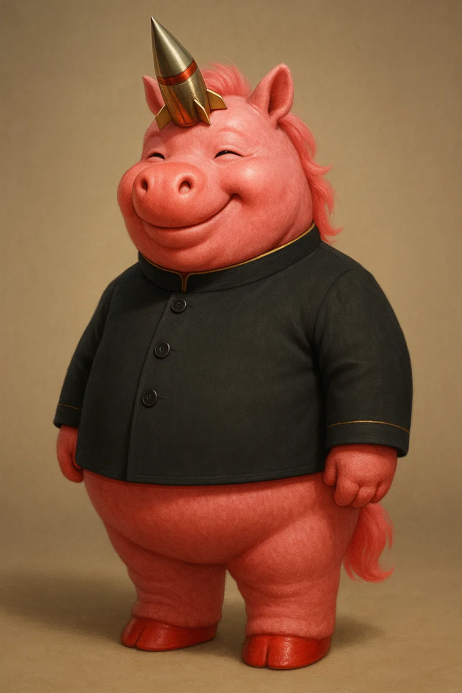Full-length state portrait of Kim Jong-Unicorn in his black tunic
